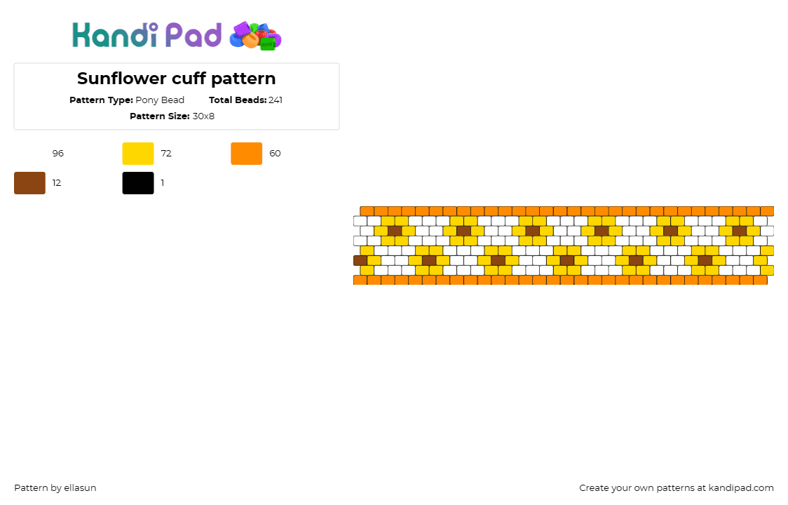 Sunflower cuff pattern - Pony Bead Pattern by ellasun on Kandi Pad - sunflowers,nature,summer,cuff,bright,yellow,white,orange