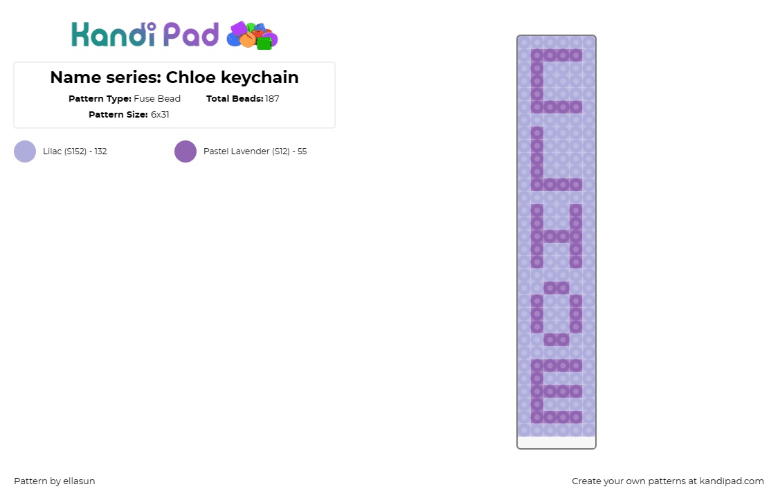 Name series: Chloe keychain - Fuse Bead Pattern by ellasun on Kandi Pad - chloe,name,text,keychain,pastel,purple