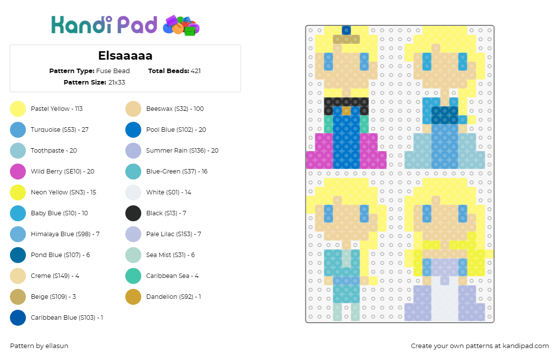 Elsaaaaa - Fuse Bead Pattern by ellasun on Kandi Pad - elsa,frozen,disney,character,princess,chibi,blonde,light blue,beige