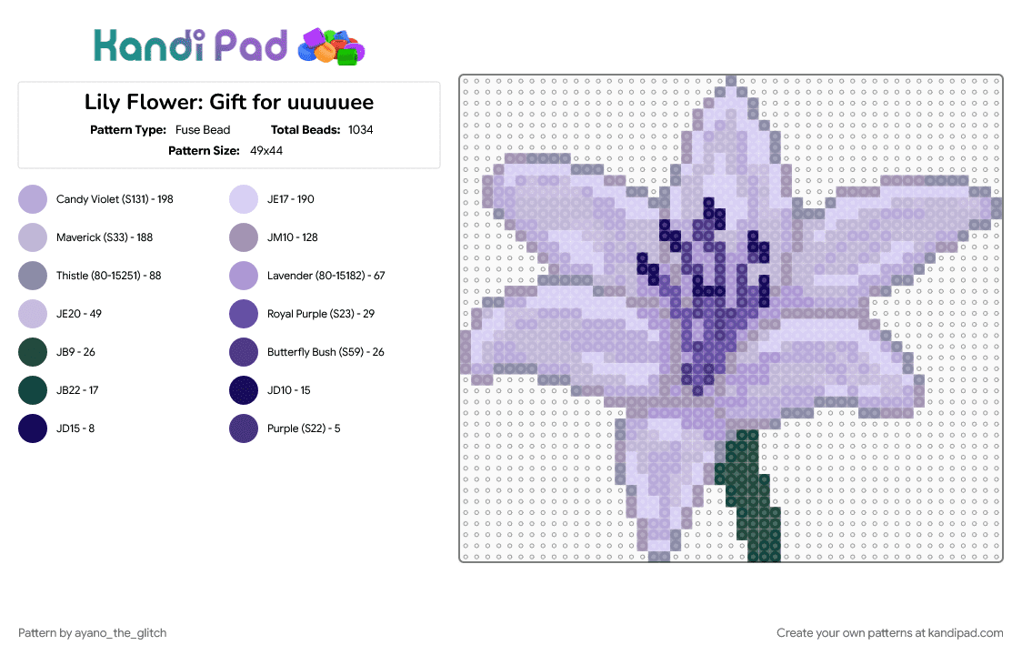 Lily Flower: Gift for uuuuuee - Fuse Bead Pattern by ayano_the_glitch on Kandi Pad - flower, gift, lily, lily flower, perler bead gift, pink, purple, uuuuuee, white