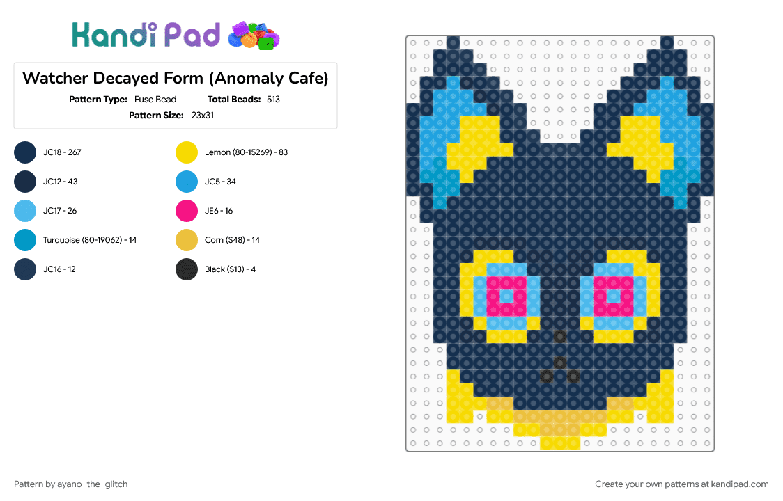 Watcher Decayed Form [Anomaly Cafe] - Fuse Bead Pattern by ayano_the_glitch on Kandi Pad - anomaly cafe, blue, cat, character, monster, roblox, spirit, video game, watcher, yellow