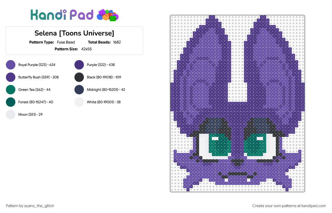 Full Size Selena [Toons Universe] - Fuse Bead Pattern by ayano_the_glitch on Kandi Pad - bat, cave, night, nocturnal, purple, selena, toons universe