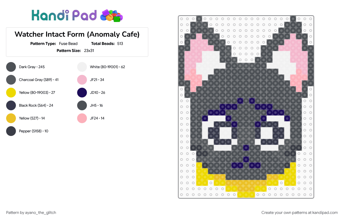Watcher Intact Form (Anomaly Cafe) - Fuse Bead Pattern by ayano_the_glitch on Kandi Pad - anomaly cafe, cat, character, gray, roblox, spirit, video game, watcher