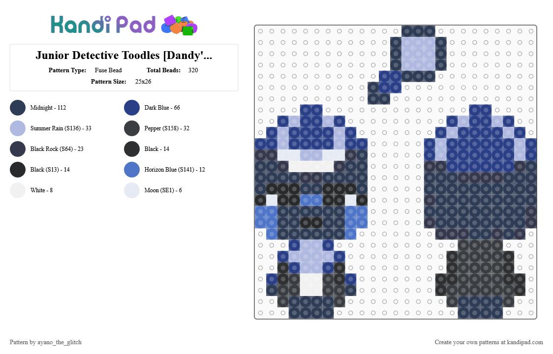 Junior Detective Toodles [Dandy\'s World] (With Magnifying Glass) - Fuse Bead Pattern by ayano_the_glitch on Kandi Pad - 8ball, dandys world, detective, eight ball, mystery, purple, skins, toodles, video game