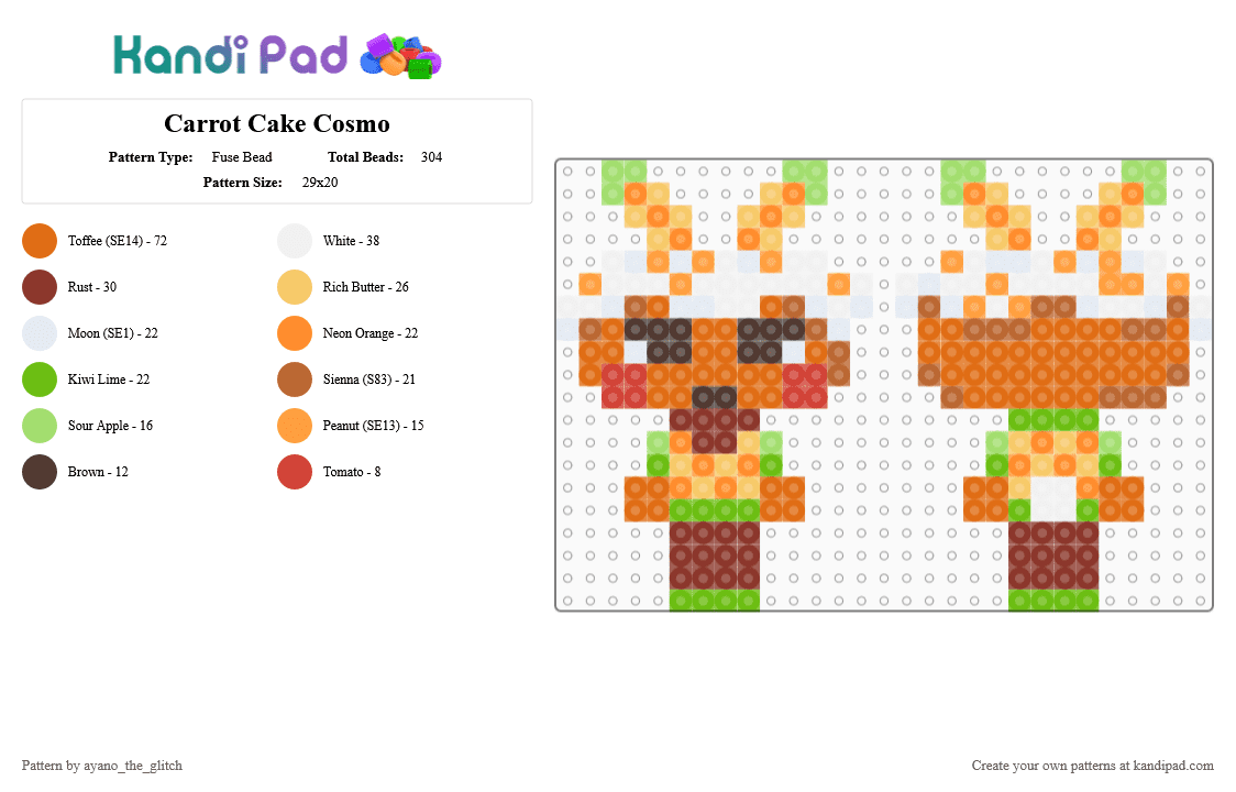 Carrot Cake Cosmo [Dandy\'s World] - Fuse Bead Pattern by ayano_the_glitch on Kandi Pad - orange,red,green,dandys world,cosmo,skin,pastry,carrot,carrot cake,video games