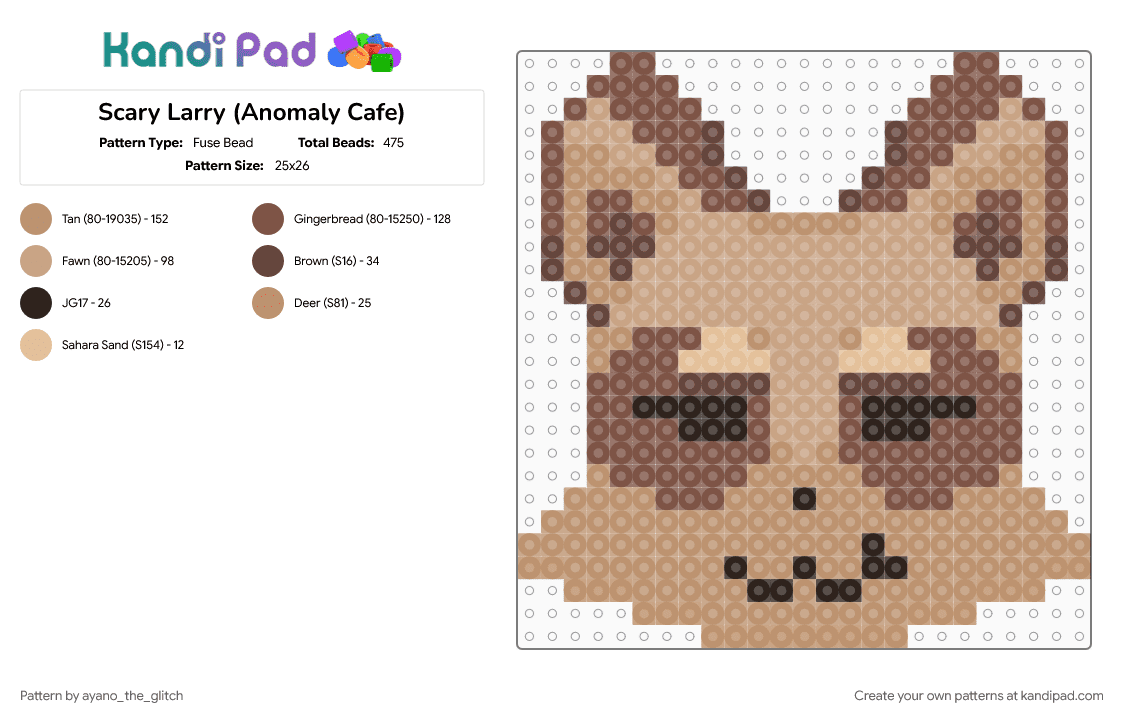 Scary Larry [Anomaly Cafe] - Fuse Bead Pattern by ayano_the_glitch on Kandi Pad - anomaly cafe, beige, character, raccoon, roblox, scary larry, tan, video game