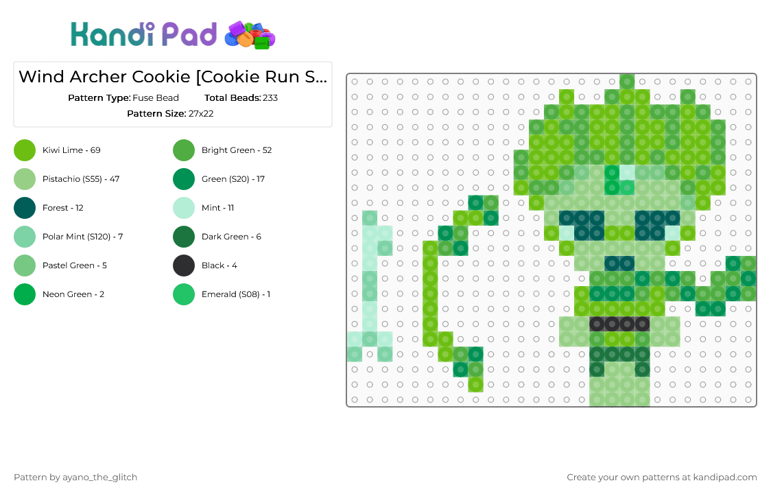 Wind Archer Cookie [Cookie Run Series] (With Bow and Arrow) - Fuse Bead Pattern by ayano_the_glitch on Kandi Pad - archery, cookie run, green, nature, teal, wind, wind archer cookie