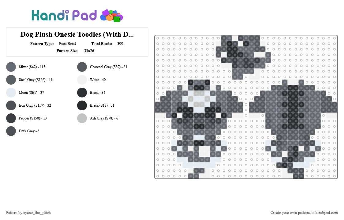 Dog Plush Onesie Toodles [Dandy\'s World] (With Dog Plush) - Fuse Bead Pattern by ayano_the_glitch on Kandi Pad - 8ball, dandys world, eight ball, gray, skins, toodles, video games