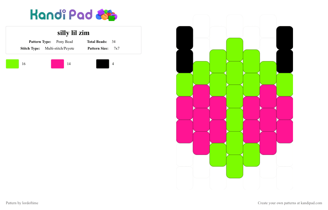 silly lil zim - Pony Bead Pattern by lordoftime on Kandi Pad - green, pink