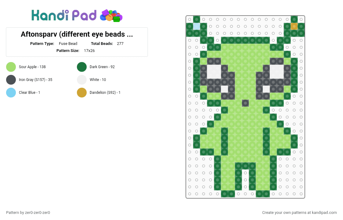 Aftonsparv (different eye beads cuz i dont have them) - Fuse Bead Pattern by zer0-zer0-zer0 on Kandi Pad - green