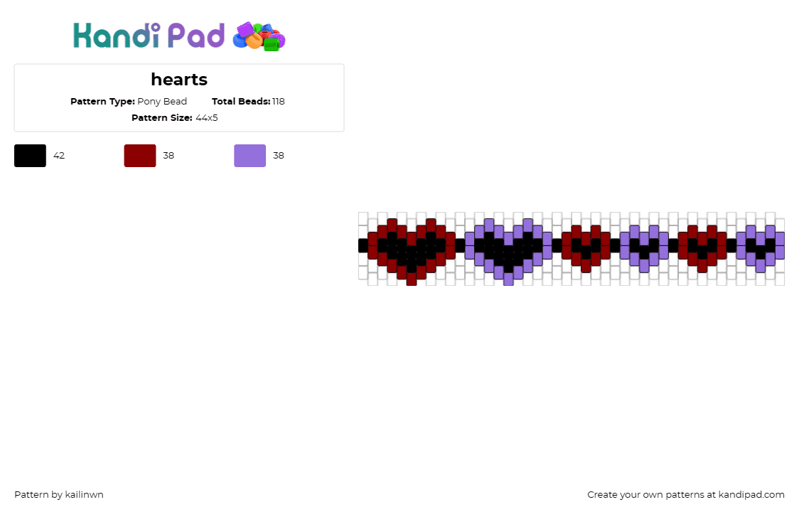 hearts - Pony Bead Pattern by kailinwn on Kandi Pad - hearts,love,bracelet,affection,cuff,purple,red