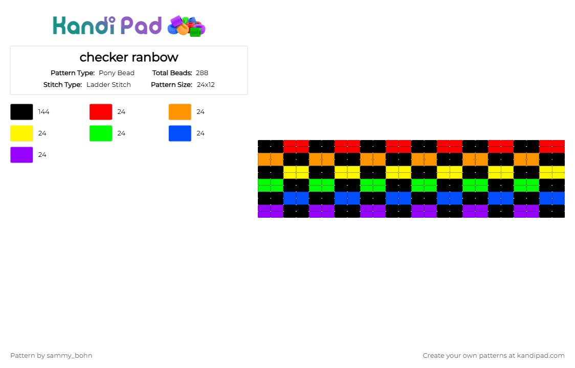 checker ranbow - Pony Bead Pattern by sammy_bohn on Kandi Pad - black, colorful, green, orange, purple, ranbow