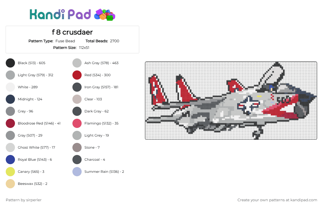 f 8 crusdaer - Fuse Bead Pattern by sirperler on Kandi Pad - gray,purple,red,beige,f 8,plane,aircraft