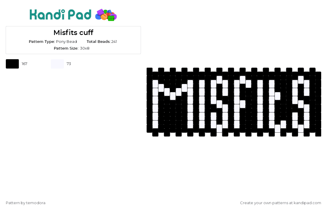 Misfits cuff - Pony Bead Pattern by temodora on Kandi Pad - misfits,text,band,music,punk,cuff,black,white
