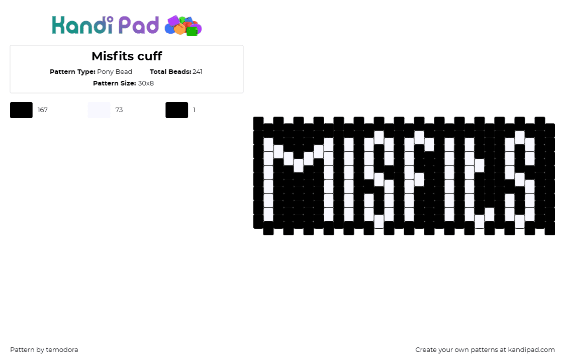 Misfits cuff - Pony Bead Pattern by temodora on Kandi Pad - misfits,text,band,music,punk,cuff,black,white