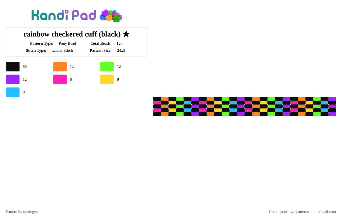 rainbow checkered cuff (black) ★ - Pony Bead Pattern by nyxiegen on Kandi Pad - black, checkered, checkers, green, ladder stitch, orange, purple, rainbow, scene, scenecore