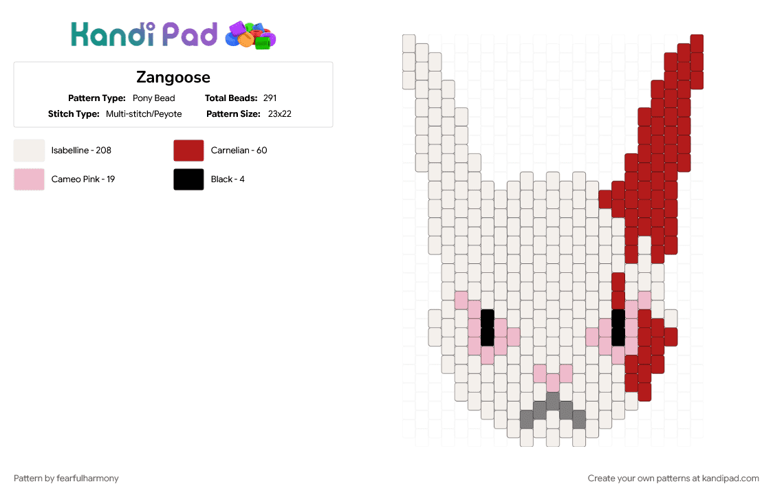 Zangoose - Pony Bead Pattern by fearfulharmony on Kandi Pad - character, pokemon, red, video game, white, zangoose