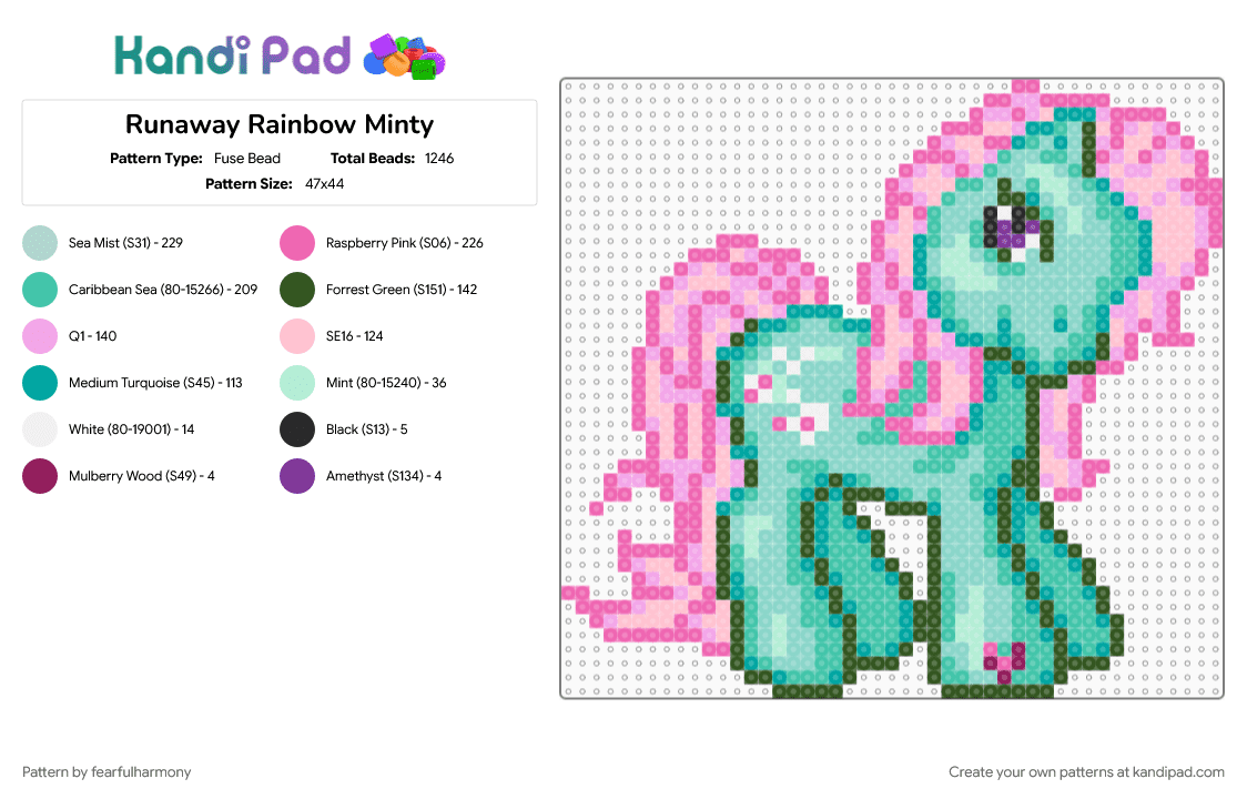 Runaway Rainbow Minty - Fuse Bead Pattern by fearfulharmony on Kandi Pad - gba, minty, mlp, my little pony, my little pony runaway rainbow, pink, pony, runaway rainbow, teal, video game