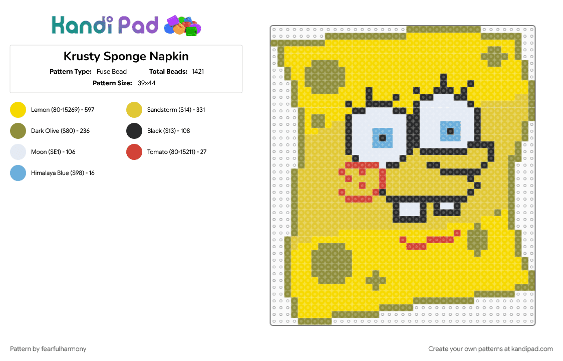 Krusty Sponge Napkin - Fuse Bead Pattern by fearfulharmony on Kandi Pad - cartoon, character, nickelodeon, spongebob, spongebob squarepants, yellow