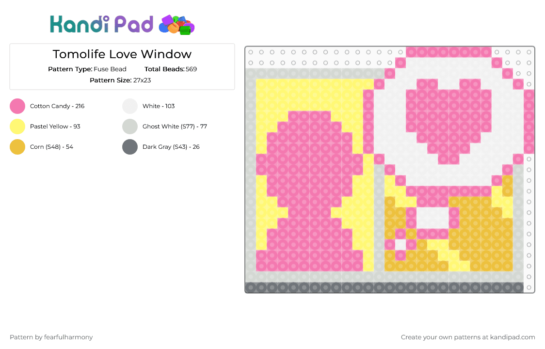 Tomolife Love Window - Fuse Bead Pattern by fearfulharmony on Kandi Pad - 3ds, game, love, nintendo, nintendo 3ds, pink, tomodachi life, video game, window, yellow