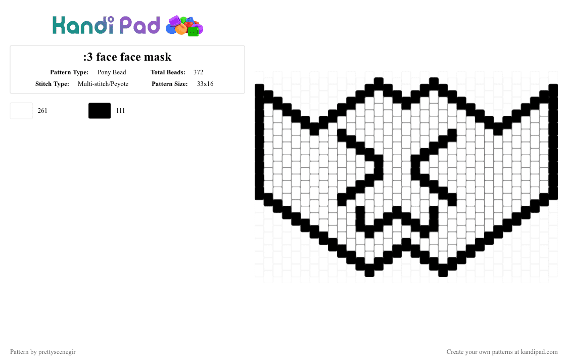 :3 face face mask - Pony Bead Pattern by prettyscenegir on Kandi Pad - black, cute, face mask, uwu baka nya, white