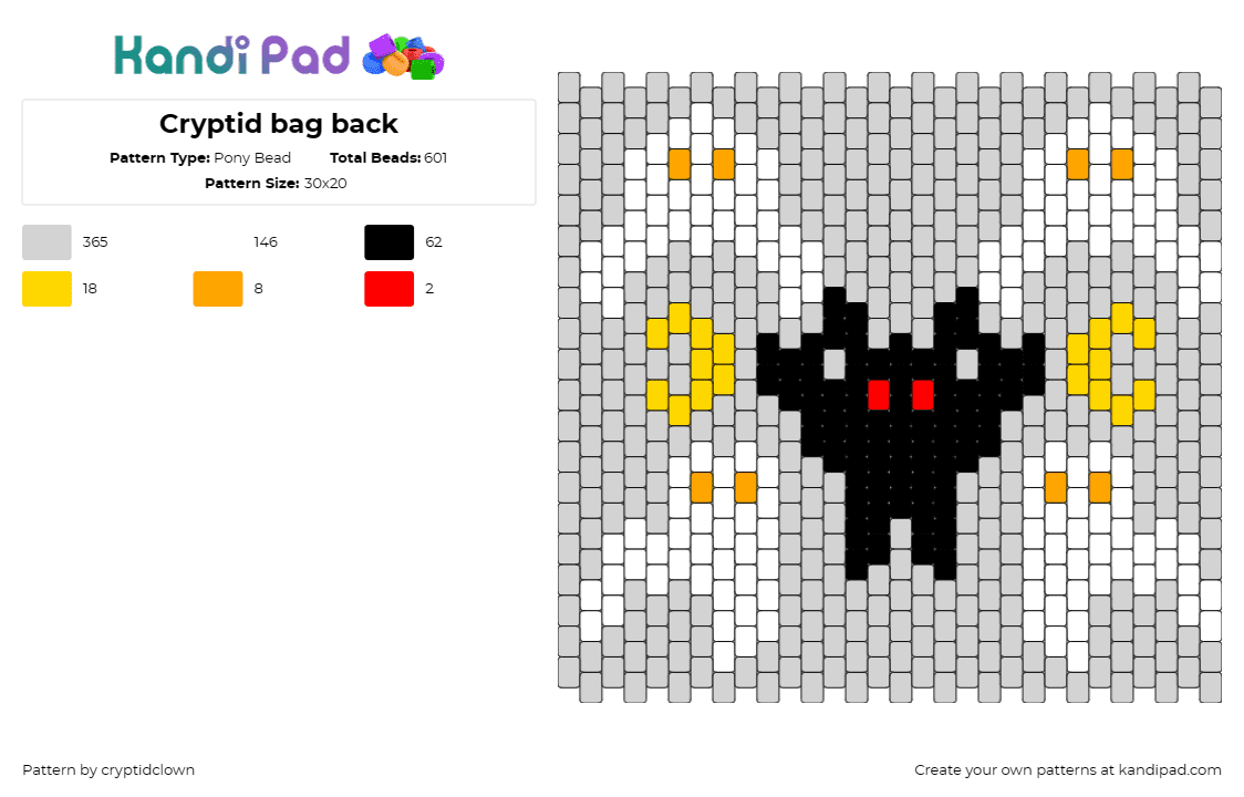 Cryptid bag back - Pony Bead Pattern by cryptidclown on Kandi Pad - cryptid,mothman,ghosts,mythological,folklore,night,spooky,halloween,black,gray,w