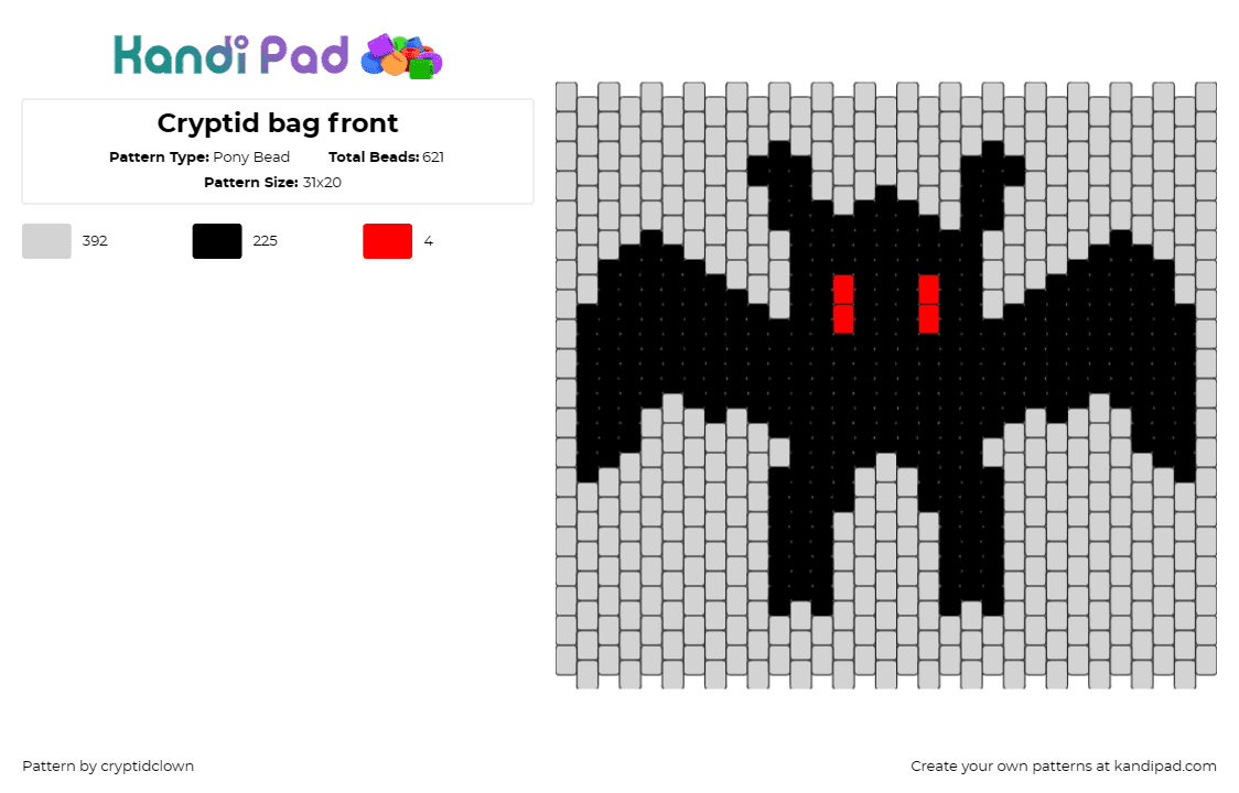 Cryptid bag front - Pony Bead Pattern by cryptidclown on Kandi Pad - cryptid,mothman,mythological,silhouette,spooky,halloween,black,gray