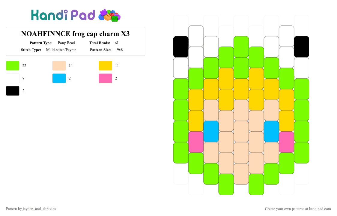 NOAHFINNCE frog cap charm X3 - Pony Bead Pattern by jayden_and_dapixies on Kandi Pad - beige, green, yellow