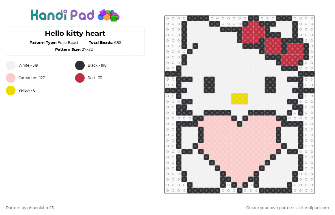 Hello kitty heart - Fuse Bead Pattern by phoenixfire23 on Kandi Pad - white,beige