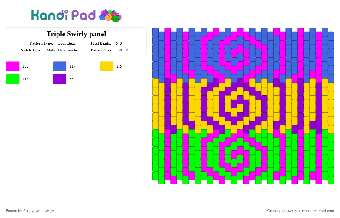 Triple Swirly panel - Pony Bead Pattern by froggy_with_wings on Kandi Pad - blue,pink,yellow,green,cotdswirls