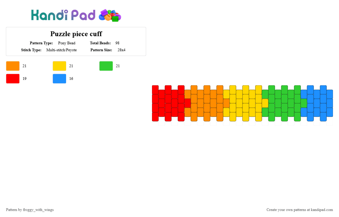 Puzzle piece cuff - Pony Bead Pattern by froggy_with_wings on Kandi Pad - green, orange, red, yellow