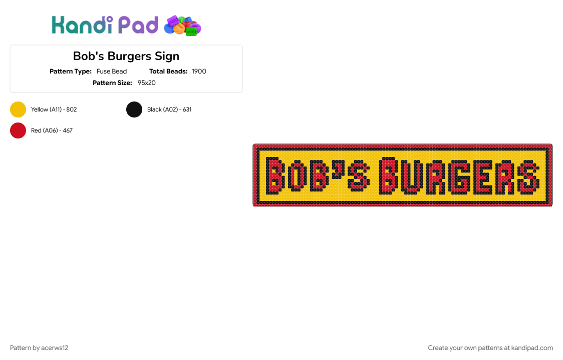Bob\'s Burgers Sign - Fuse Bead Pattern by acerws12 on Kandi Pad - bobs burgers, cartoon, red, sign, yellow