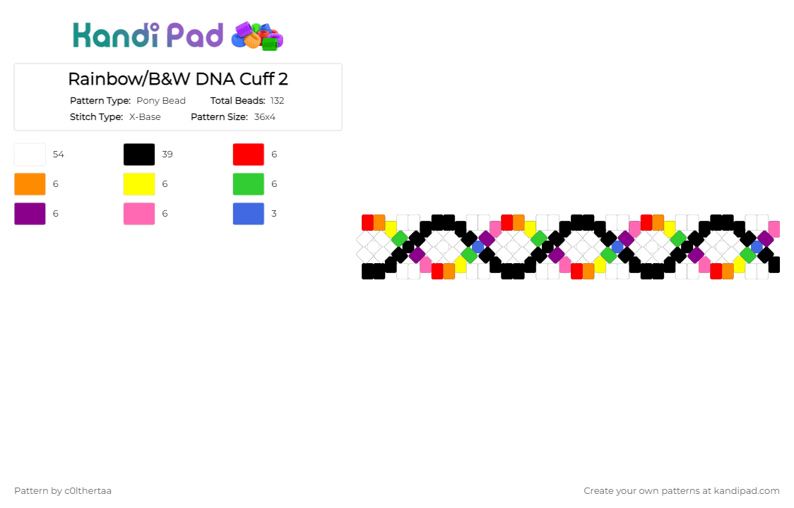 Rainbow/B&W DNA Cuff - Pony Bead Pattern by c0lthertaa on Kandi Pad - colorful, dna cuff, green, orange, white, x base