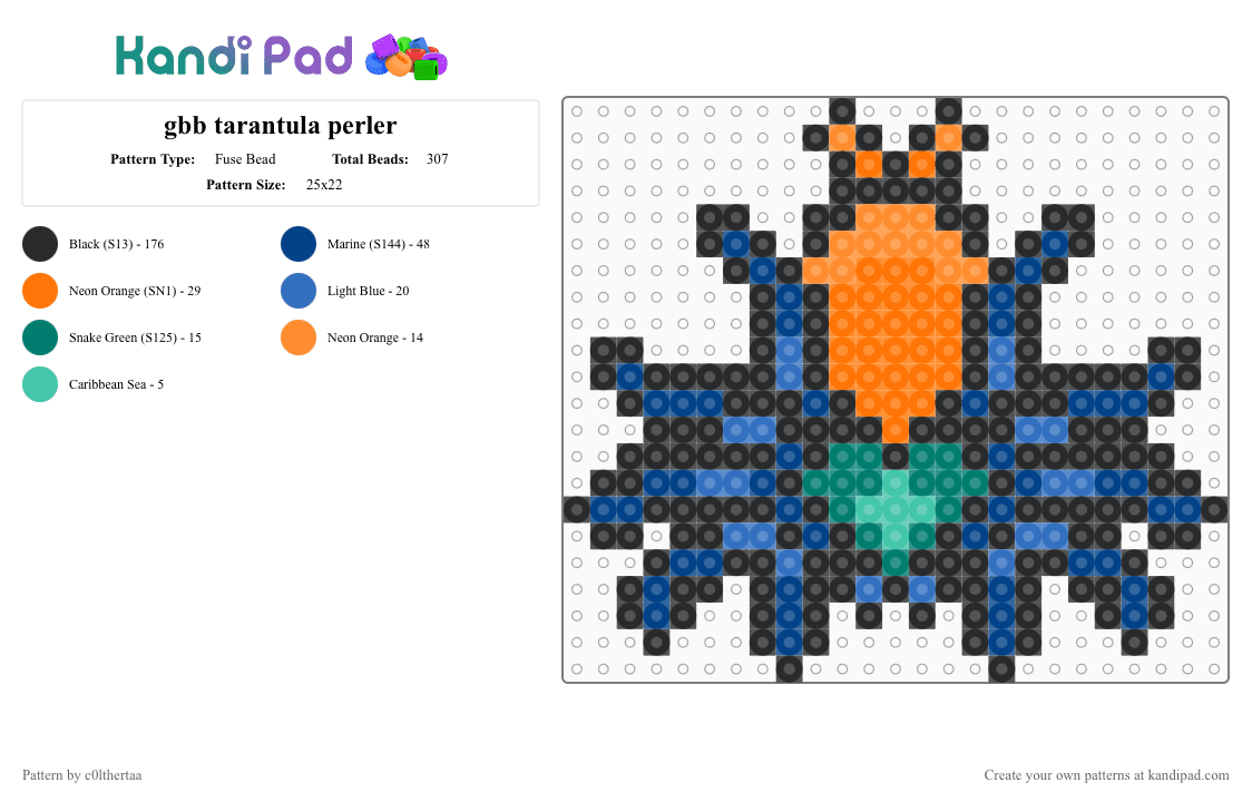 GBB Tarantula - Fuse Bead Pattern by c0lthertaa on Kandi Pad - black,orange,blue,perler,spider