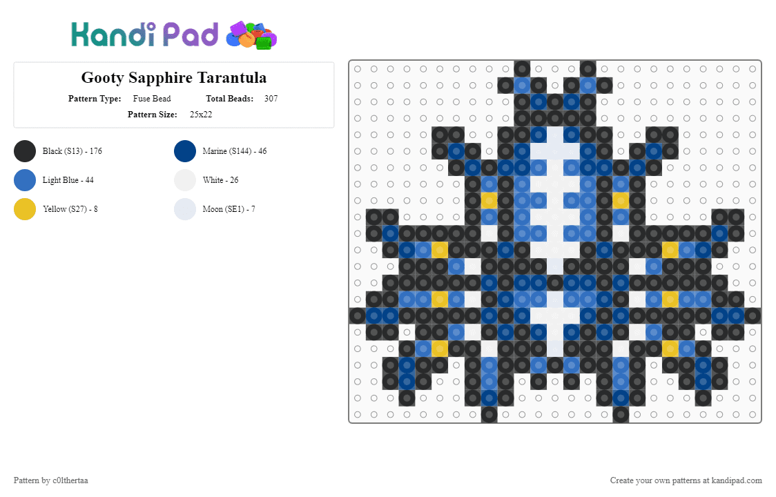 Gooty Sapphire Tarantula - Fuse Bead Pattern by c0lthertaa on Kandi Pad - black,blue,perler,spider