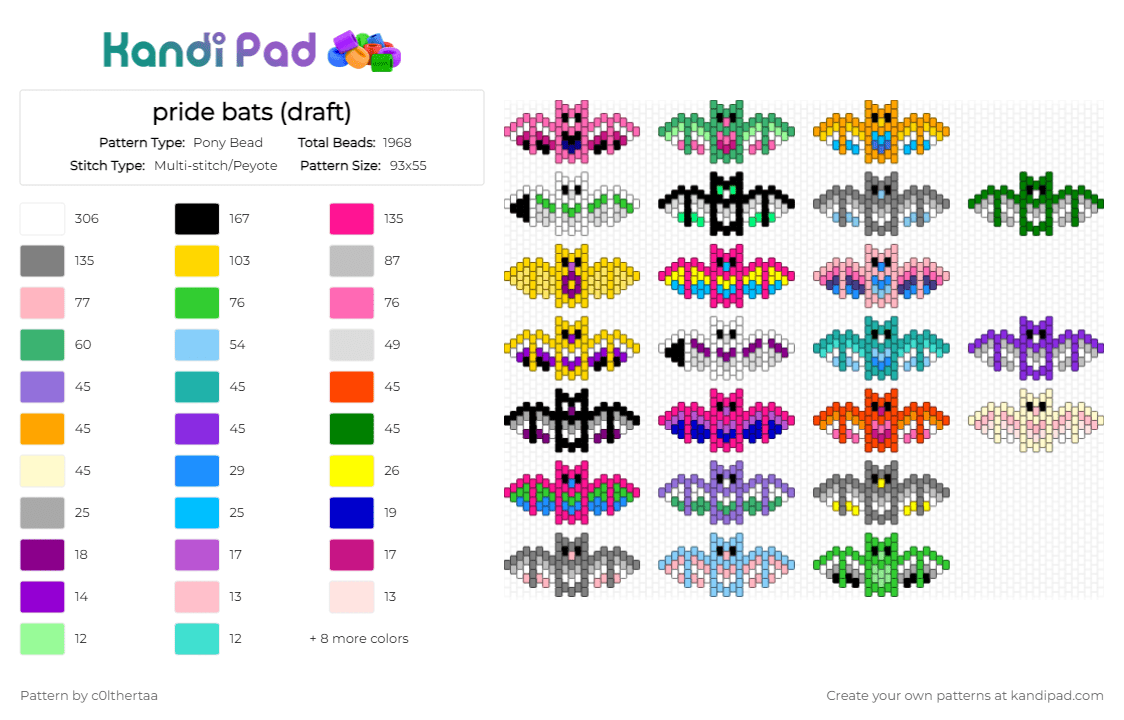 pride bats (draft) - Pony Bead Pattern by c0lthertaa on Kandi Pad - yellow,pink,green,gray