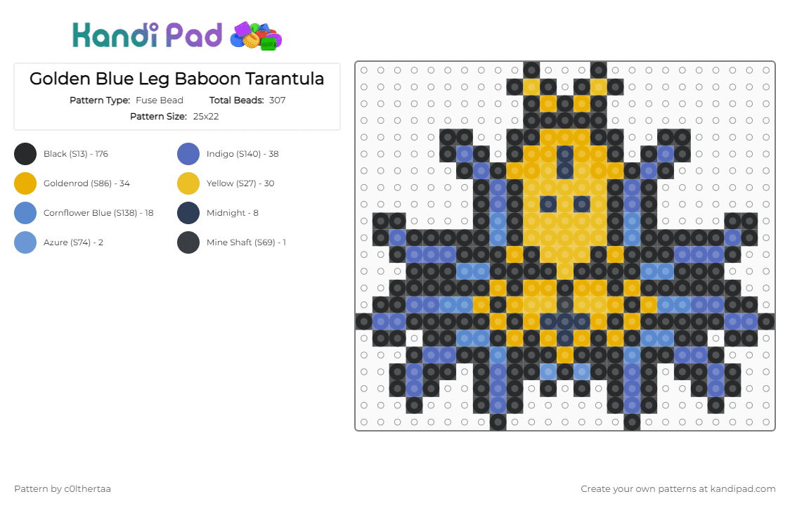 Golden Blue Leg Baboon Tarantula - Fuse Bead Pattern by c0lthertaa on Kandi Pad - black,blue,orange,yellow,perler,spider