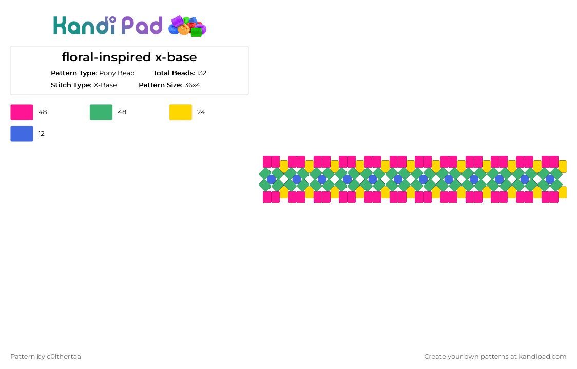 Floral-inspired X-base - Pony Bead Pattern by c0lthertaa on Kandi Pad - pink,green,x base