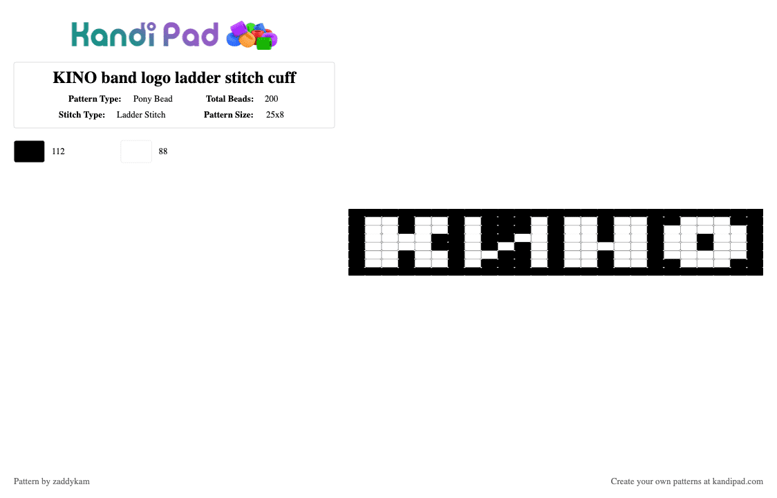 KINO band logo ladder stitch square stitch cuff - Pony Bead Pattern by zaddykam on Kandi Pad - black,white,kino,band,logo,ladder,cuff,ladder stitch,square stitch,ladder cuff