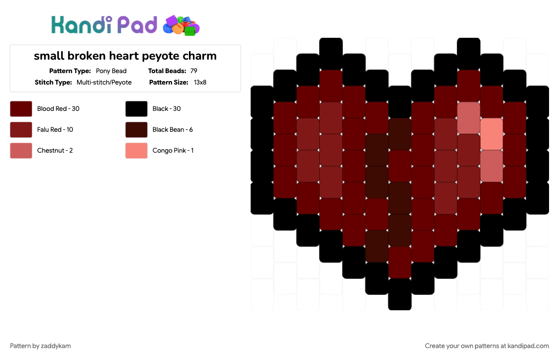 small broken heart peyote charm - Pony Bead Pattern by zaddykam on Kandi Pad - brown, charm, heart, heartbreak, panel, peyote