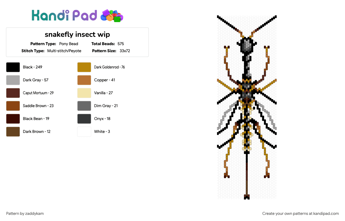 snakefly insect peyote panel / charm - Pony Bead Pattern by zaddykam on Kandi Pad - beige, black, brown, bug, charm, colorful, fly, insect, panel, peyote, peyote stitch, snakefly