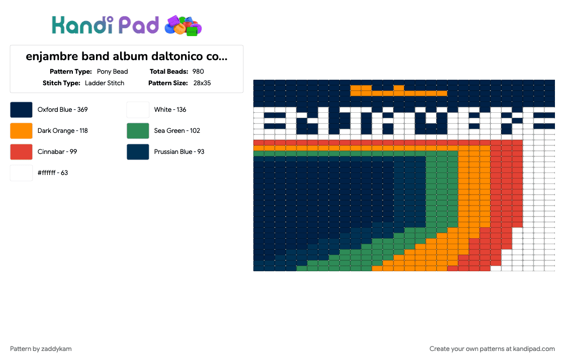 enjambre band album daltonico cover ladder stitch charm - Pony Bead Pattern by zaddykam on Kandi Pad - album cover, band, blue, charm, enjambre, ladder stitch, panel, square stitch