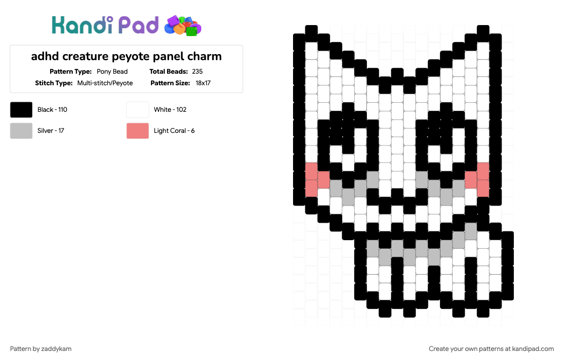 adhd creature peyote panel charm - Pony Bead Pattern by zaddykam on Kandi Pad - adhd, adhd creature, beige, charm, creature, panel, peyote, peyote stitch, red, white