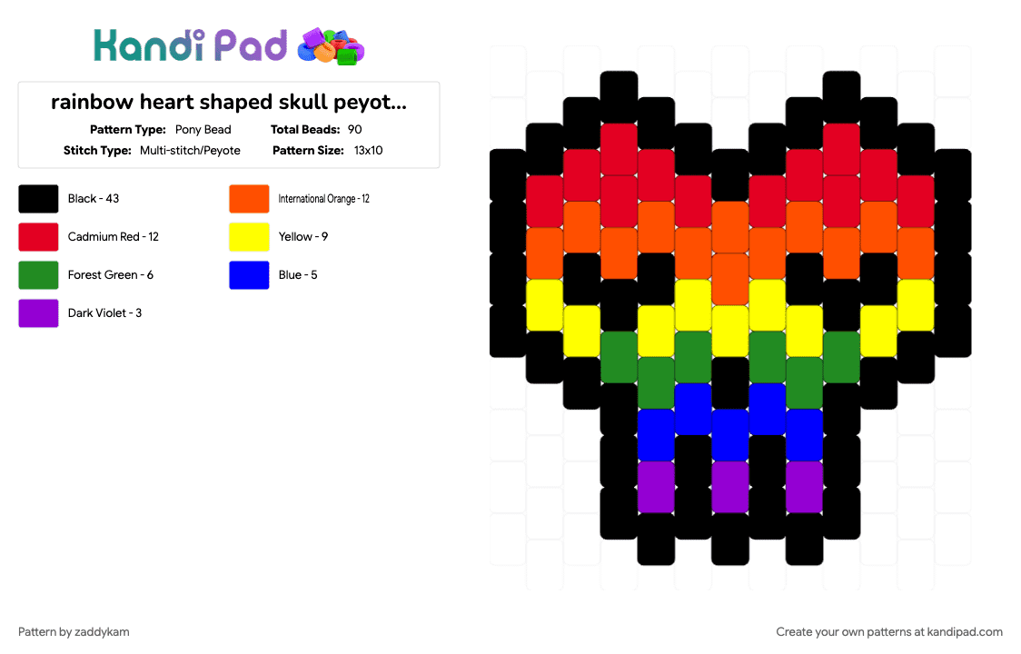 rainbow heart shaped skull peyote charm - Pony Bead Pattern by zaddykam on Kandi Pad - black, charm, heart, orange, peyote, peyote stitch, pride, rainbow, red, skull, yellow