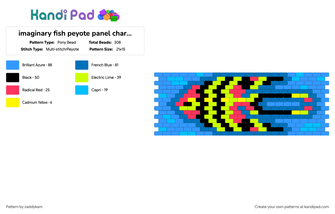 imaginary fish peyote panel charm thing - Pony Bead Pattern by zaddykam on Kandi Pad - blue, charm, colorful, fish, light blue, panel, peyote stitch