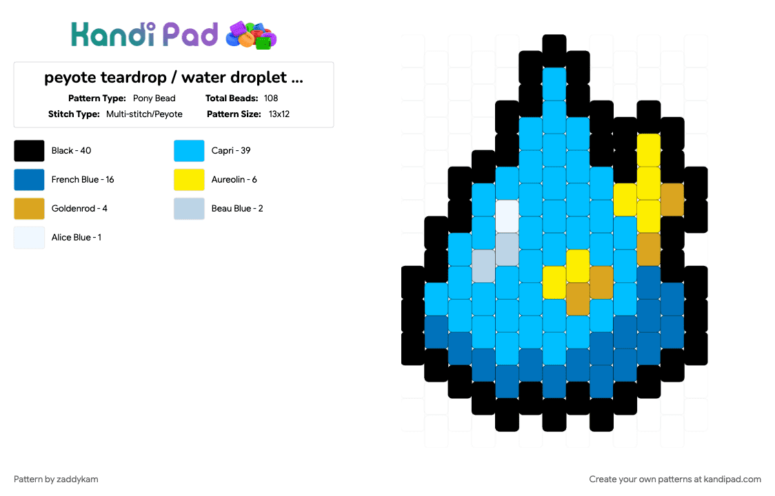 peyote teardrop / water droplet with sparkles charm - Pony Bead Pattern by zaddykam on Kandi Pad - blue, charm, drop, droplet, light blue, peyote, peyote stitch, teardrop, tears, water
