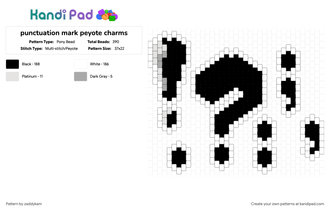 punctuation mark peyote charms - Pony Bead Pattern by zaddykam on Kandi Pad - charm, panel, peyote, punctuation, punctuation mark, symbol, text, white