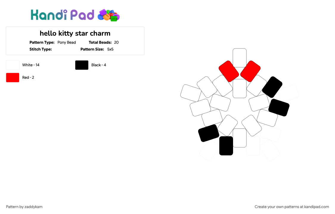 hello kitty star charm - Pony Bead Pattern by zaddykam on Kandi Pad - cat, charm, hello kitty, star, white