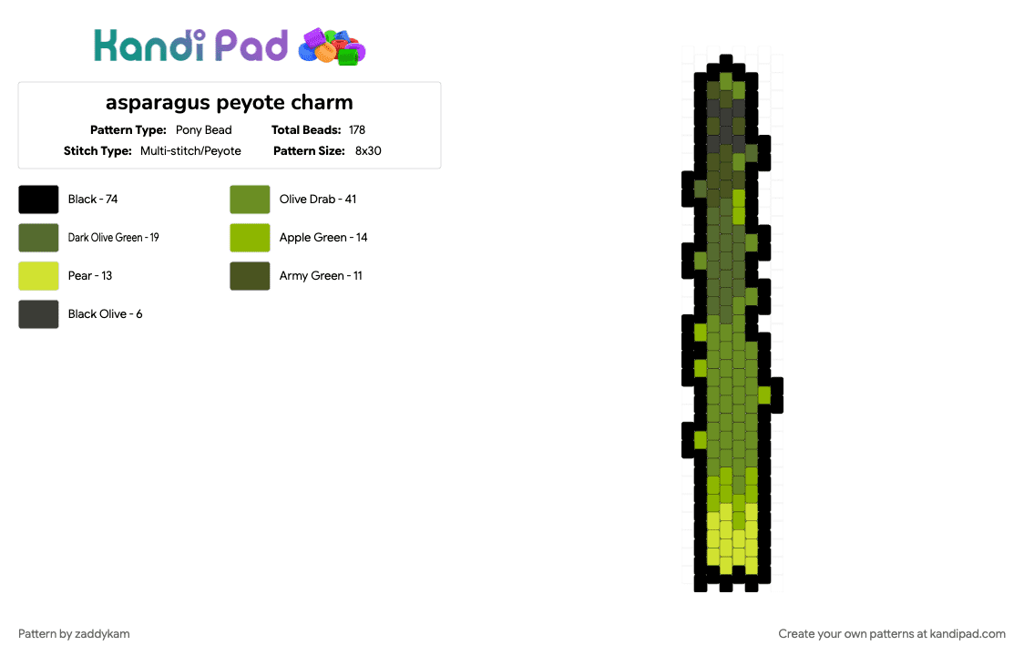 asparagus peyote charm - Pony Bead Pattern by zaddykam on Kandi Pad - asparagus, charm, green, panel, peyote, peyote stitch