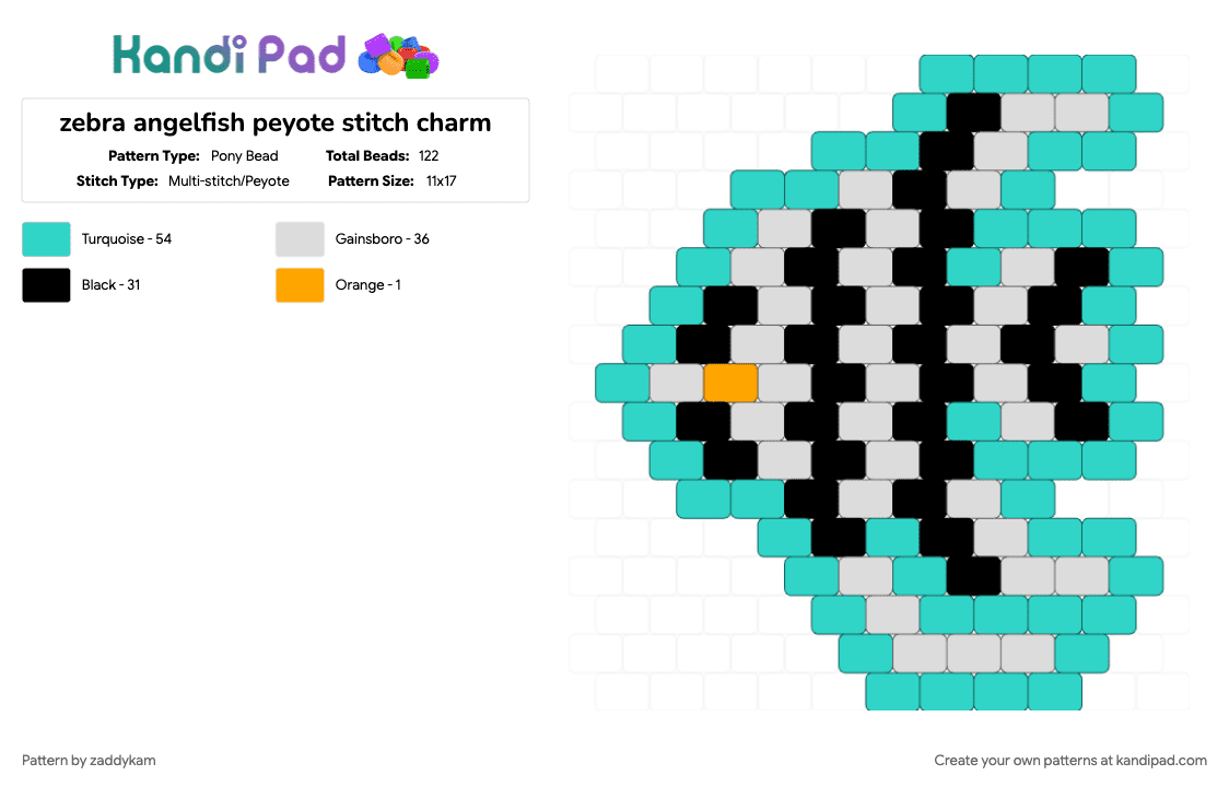 zebra angelfish peyote stitch charm - Pony Bead Pattern by zaddykam on Kandi Pad - angelfish, animal, black and white, charm, fish, peyote stitch, teal, water, zebra